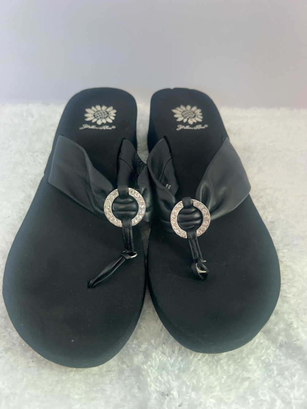 Yellow Box Black Rhinestone Ring Thong Sandals